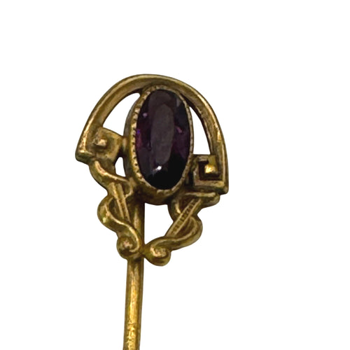 Antique GLP Co Stick Pin Gold Plated Amethyst Purple Gemstone Oval Setting 2.5"