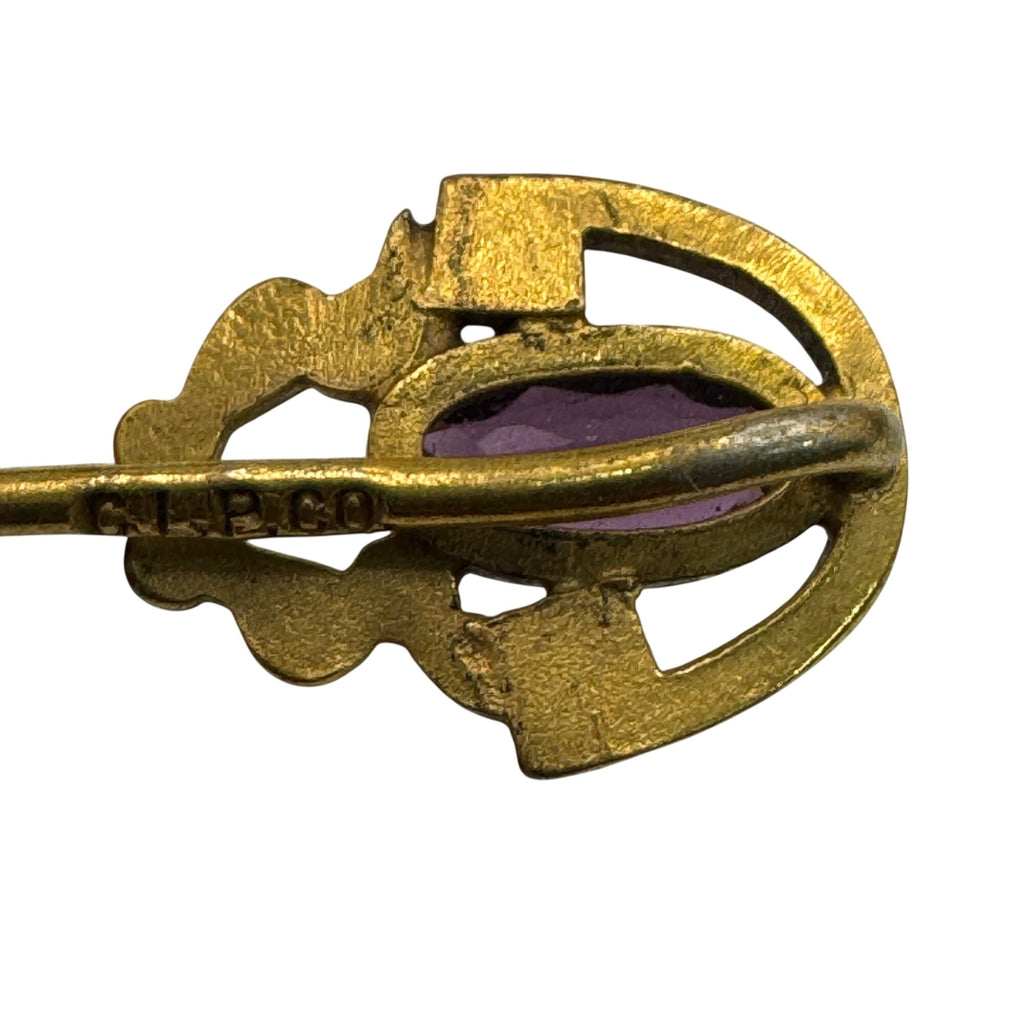 Antique GLP Co Stick Pin Gold Plated Amethyst Purple Gemstone Oval Setting 2.5"