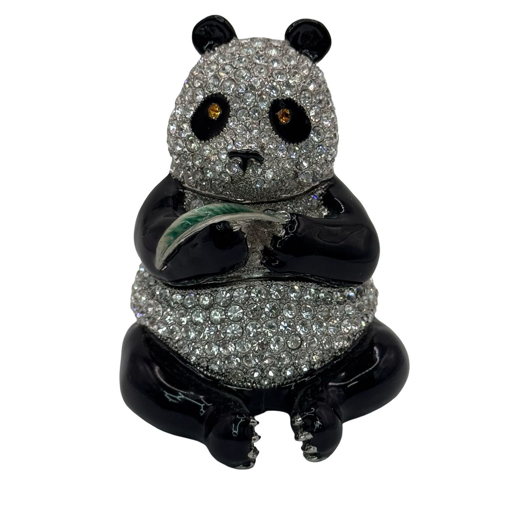 Pewter Bejeweled Crystals Enameled LING LING Panda Bear w/ Leaf Trinket Box 3"