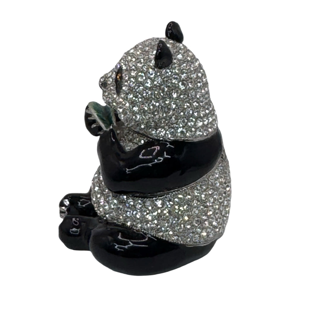 Pewter Bejeweled Crystals Enameled LING LING Panda Bear w/ Leaf Trinket Box 3"