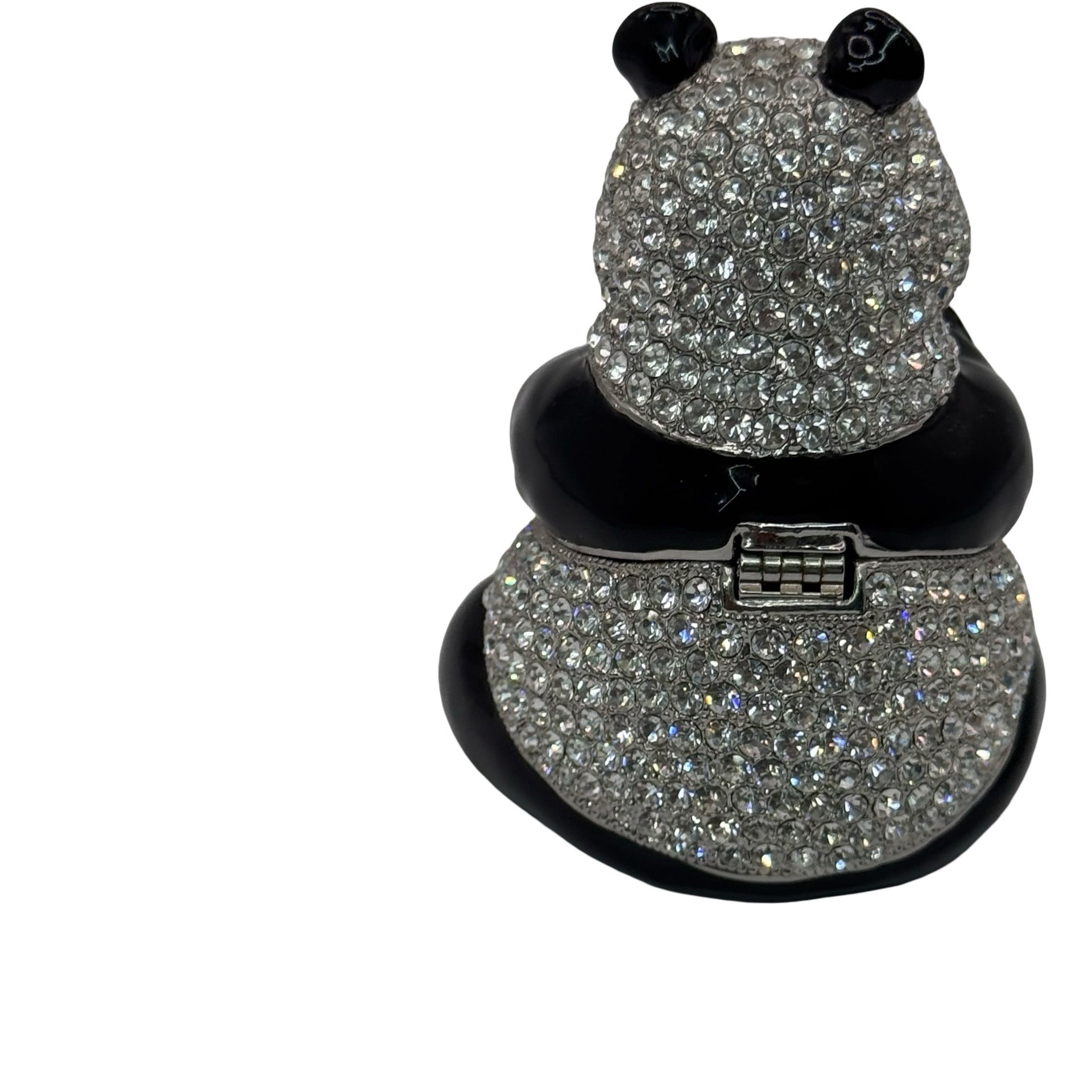 Pewter Bejeweled Crystals Enameled LING LING Panda Bear w/ Leaf Trinket Box 3"