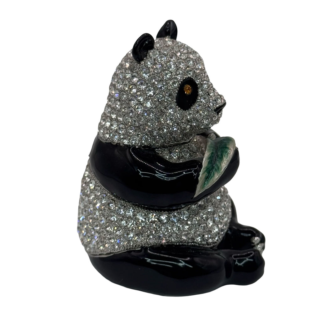Pewter Bejeweled Crystals Enameled LING LING Panda Bear w/ Leaf Trinket Box 3"