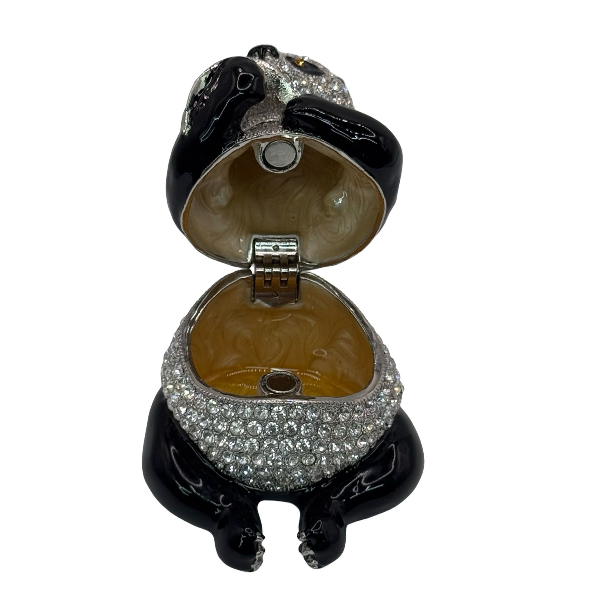 Pewter Bejeweled Crystals Enameled LING LING Panda Bear w/ Leaf Trinket Box 3"