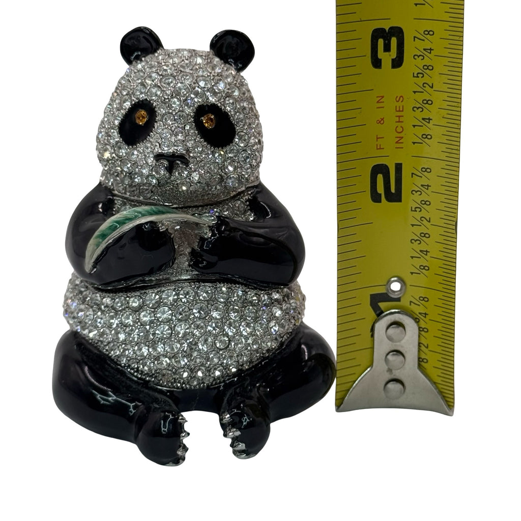 Pewter Bejeweled Crystals Enameled LING LING Panda Bear w/ Leaf Trinket Box 3"