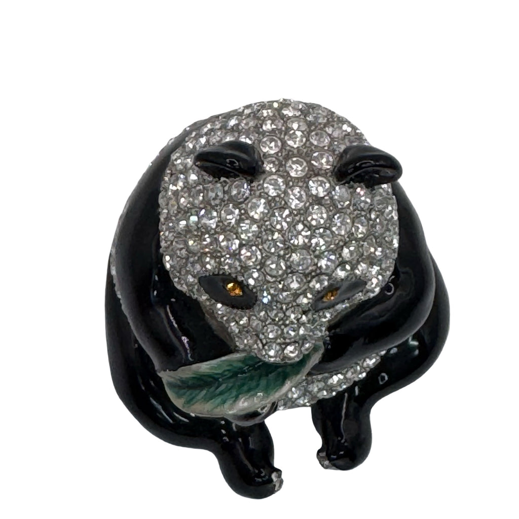 Pewter Bejeweled Crystals Enameled LING LING Panda Bear w/ Leaf Trinket Box 3"
