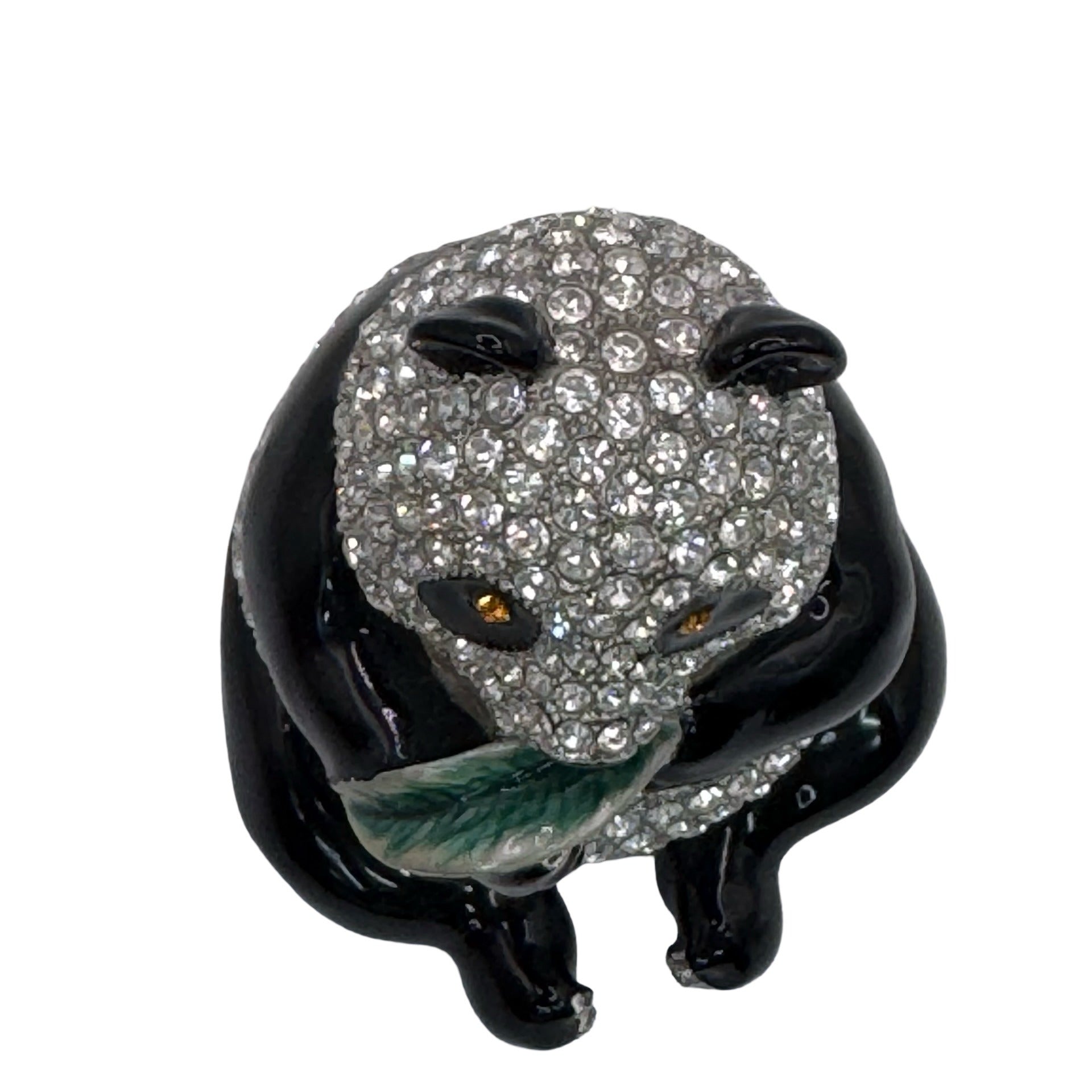 Pewter Bejeweled Crystals Enameled LING LING Panda Bear w/ Leaf Trinket Box 3"