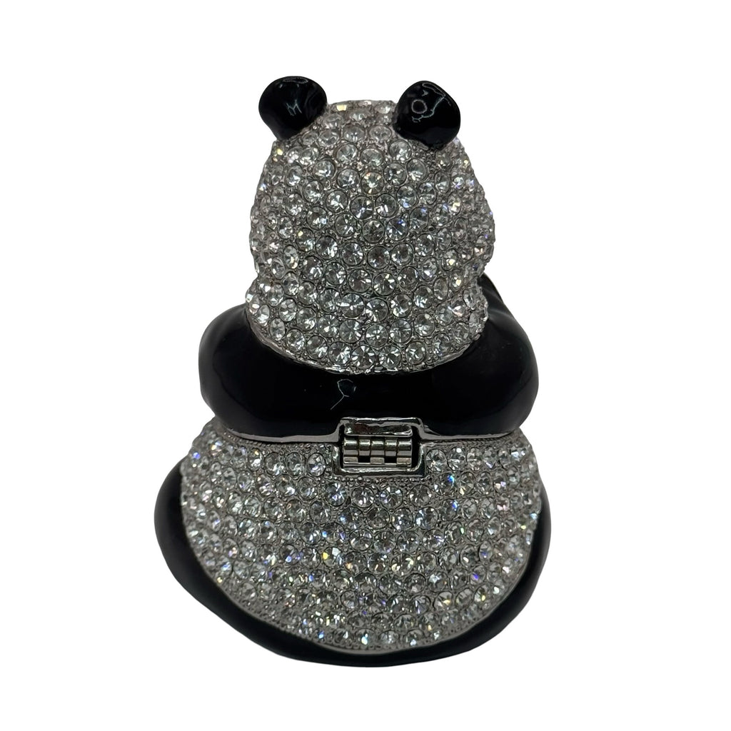 Pewter Bejeweled Crystals Enameled LING LING Panda Bear w/ Leaf Trinket Box 3"