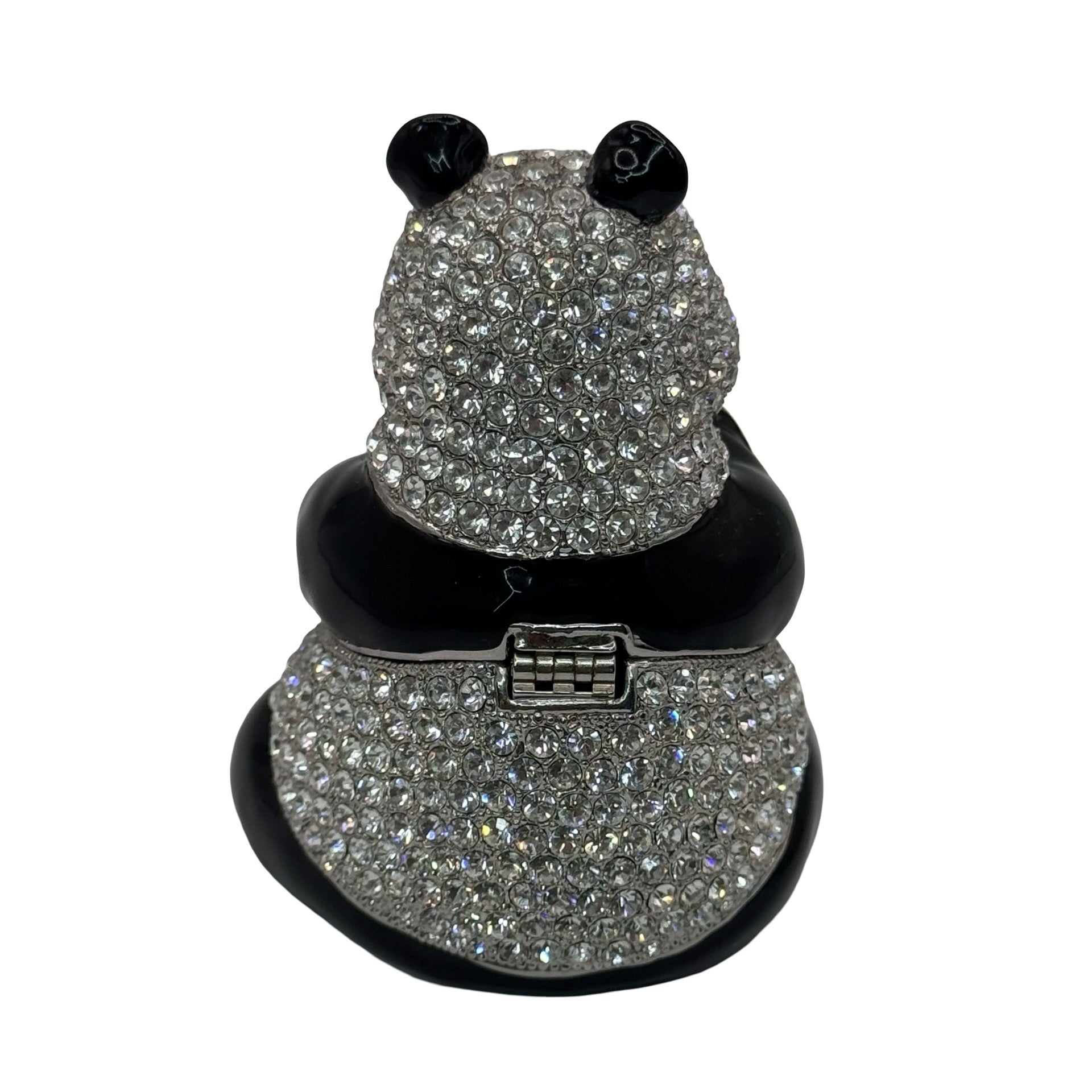 Pewter Bejeweled Crystals Enameled LING LING Panda Bear w/ Leaf Trinket Box 3"