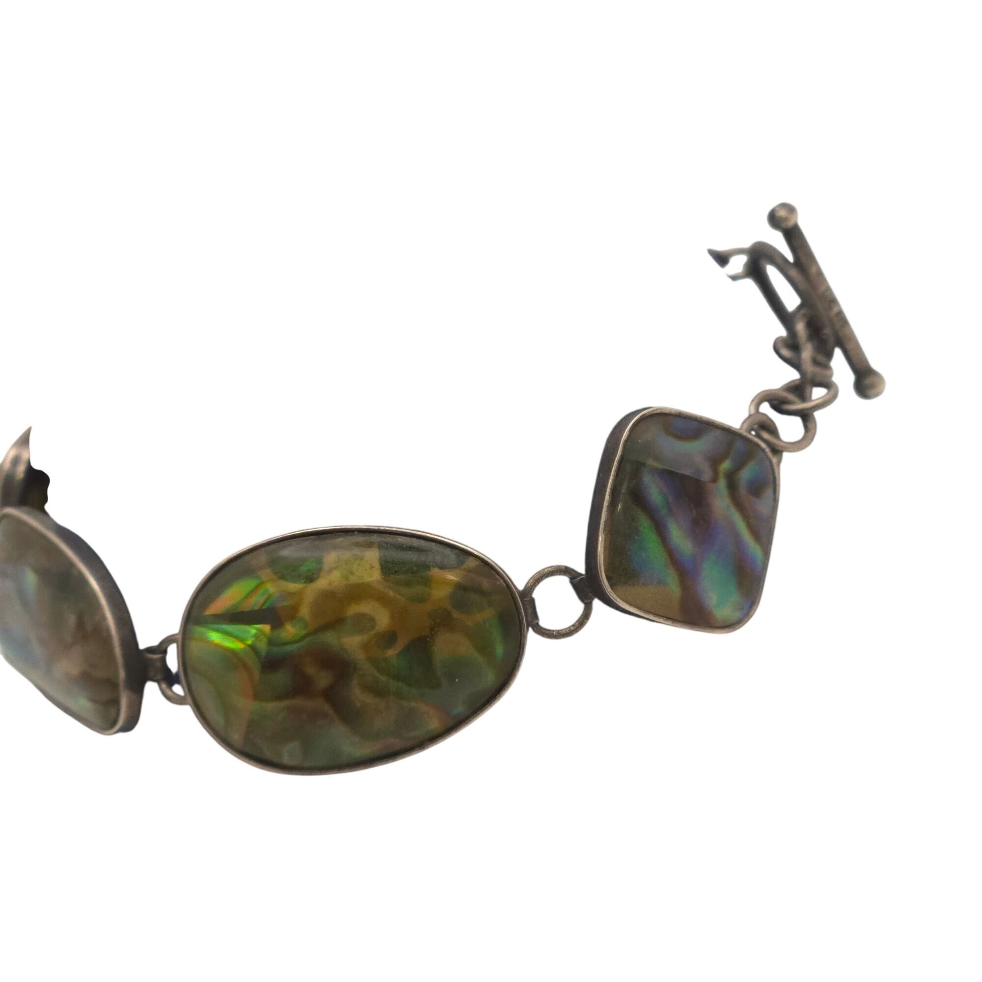 Vintage Abalone Sterling Silver Bracelet Signed Lucas Lameth LUC Toggle Clasp 7"
