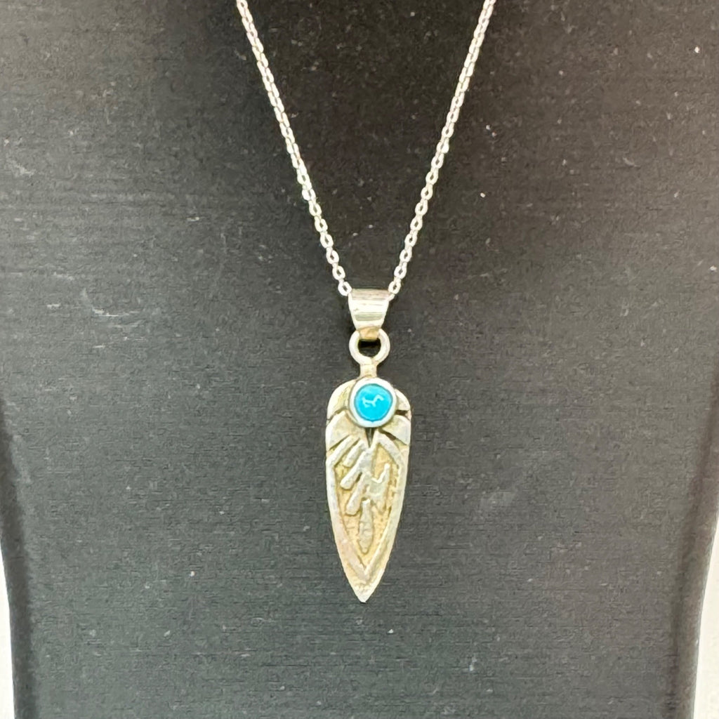 Ervin Hoskie Kingman Turquoise Feather Pendant w/ Sterling Silver Necklace 16”