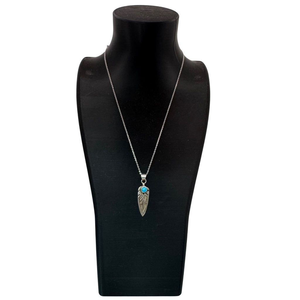 Ervin Hoskie Kingman Turquoise Feather Pendant w/ Sterling Silver Necklace 16”
