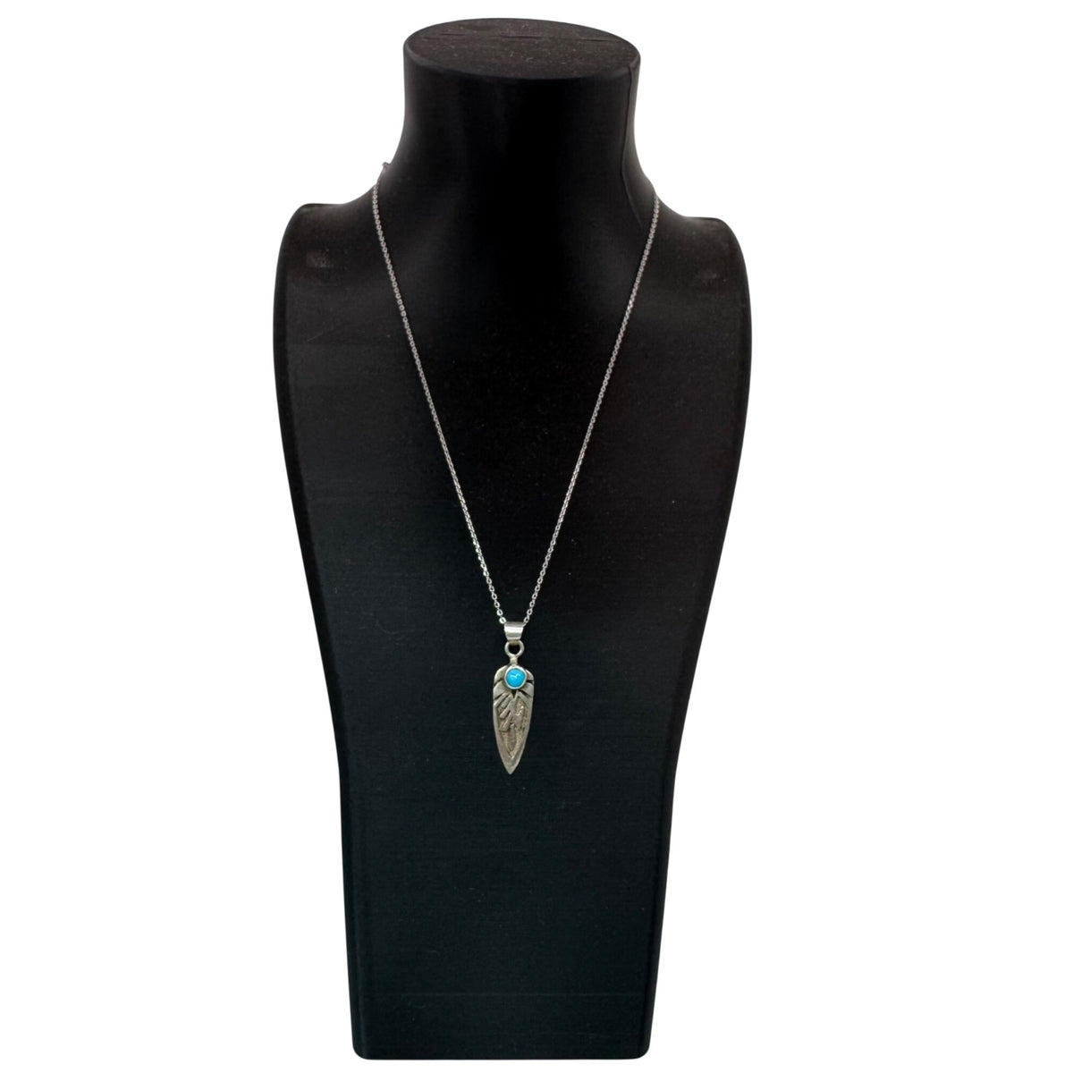 Ervin Hoskie Kingman Turquoise Feather Pendant w/ Sterling Silver Necklace 16”