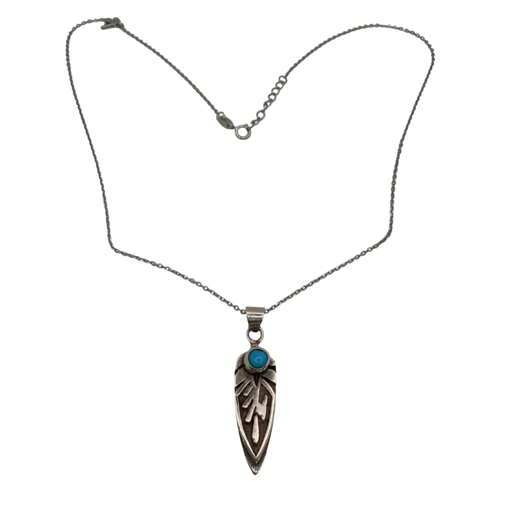 Ervin Hoskie Kingman Turquoise Feather Pendant w/ Sterling Silver Necklace 16”