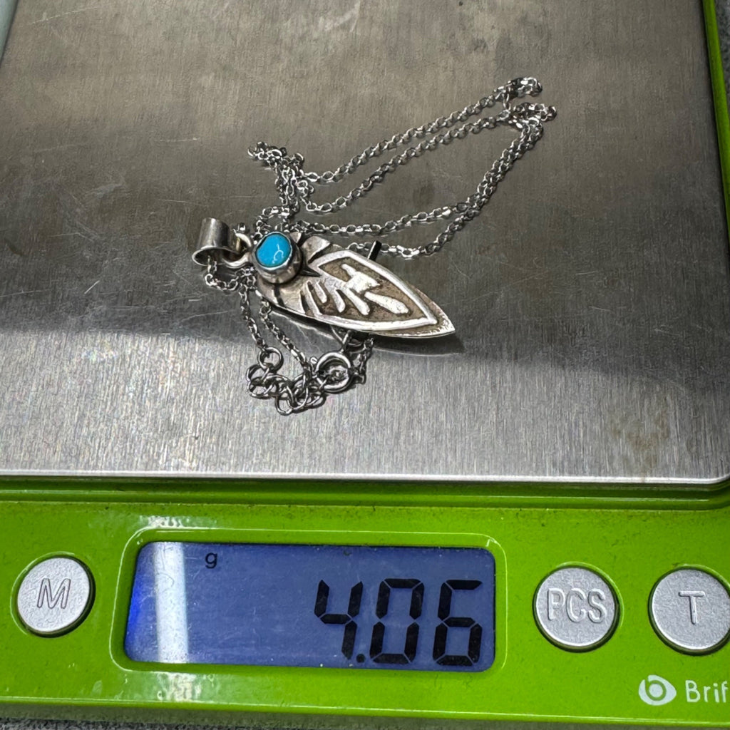 Ervin Hoskie Kingman Turquoise Feather Pendant w/ Sterling Silver Necklace 16”