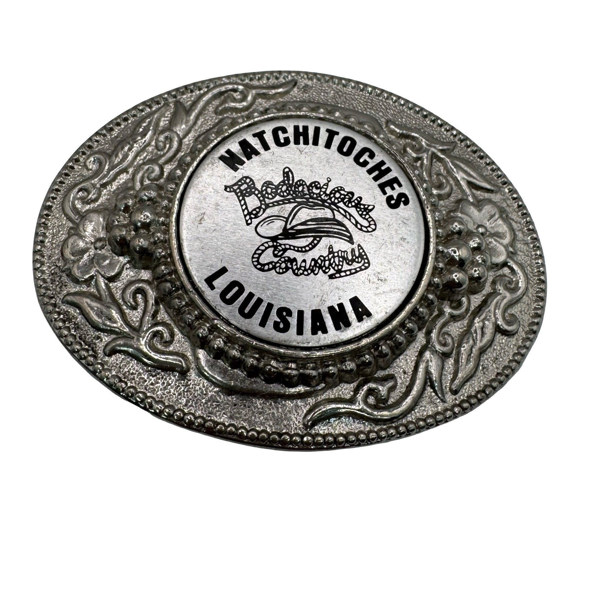 Vintage Natchitoches Louisiana Belt Buckle Oval Western Style Silver-Tone Metal