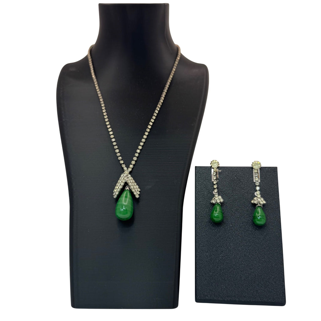 Vintage Signed Kramer Green Faux Jade Teardrop Necklace Earrings Set Rhinestones
