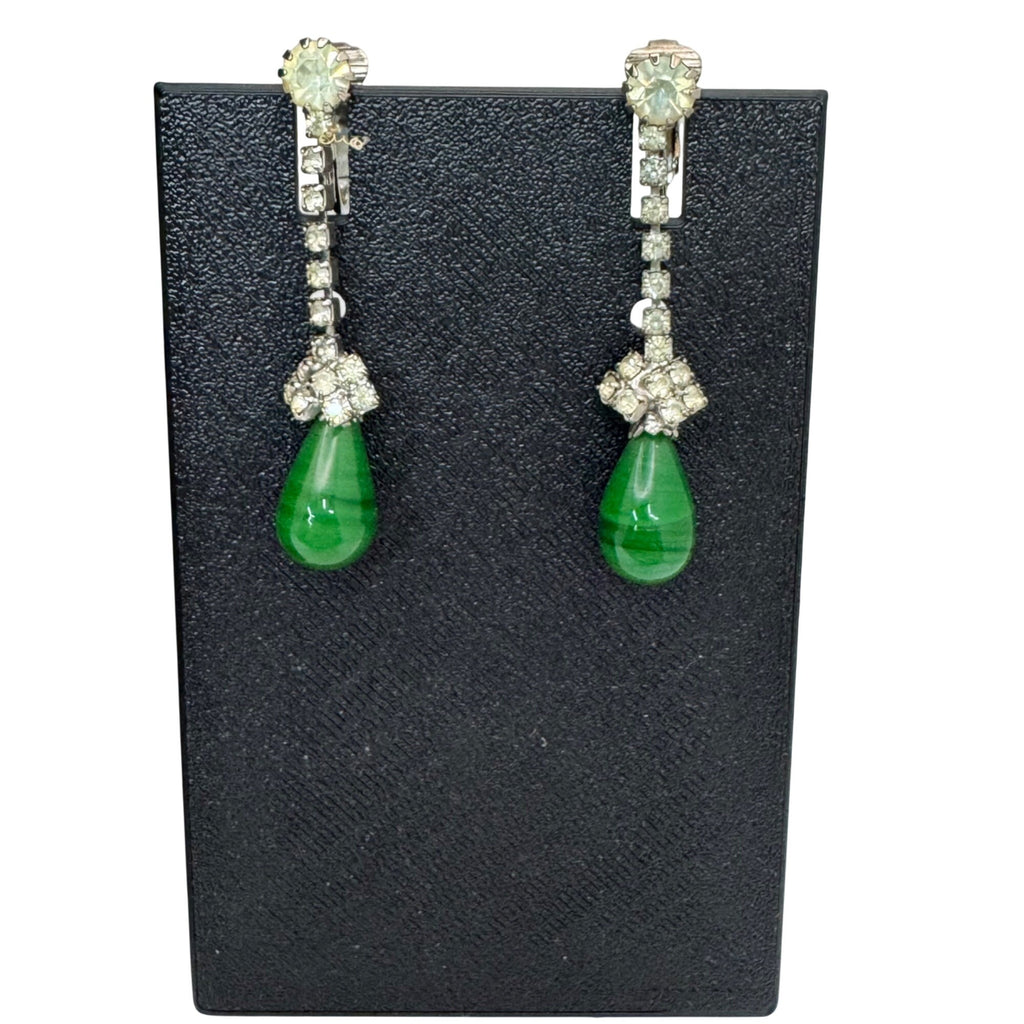 Vintage Signed Kramer Green Faux Jade Teardrop Necklace Earrings Set Rhinestones