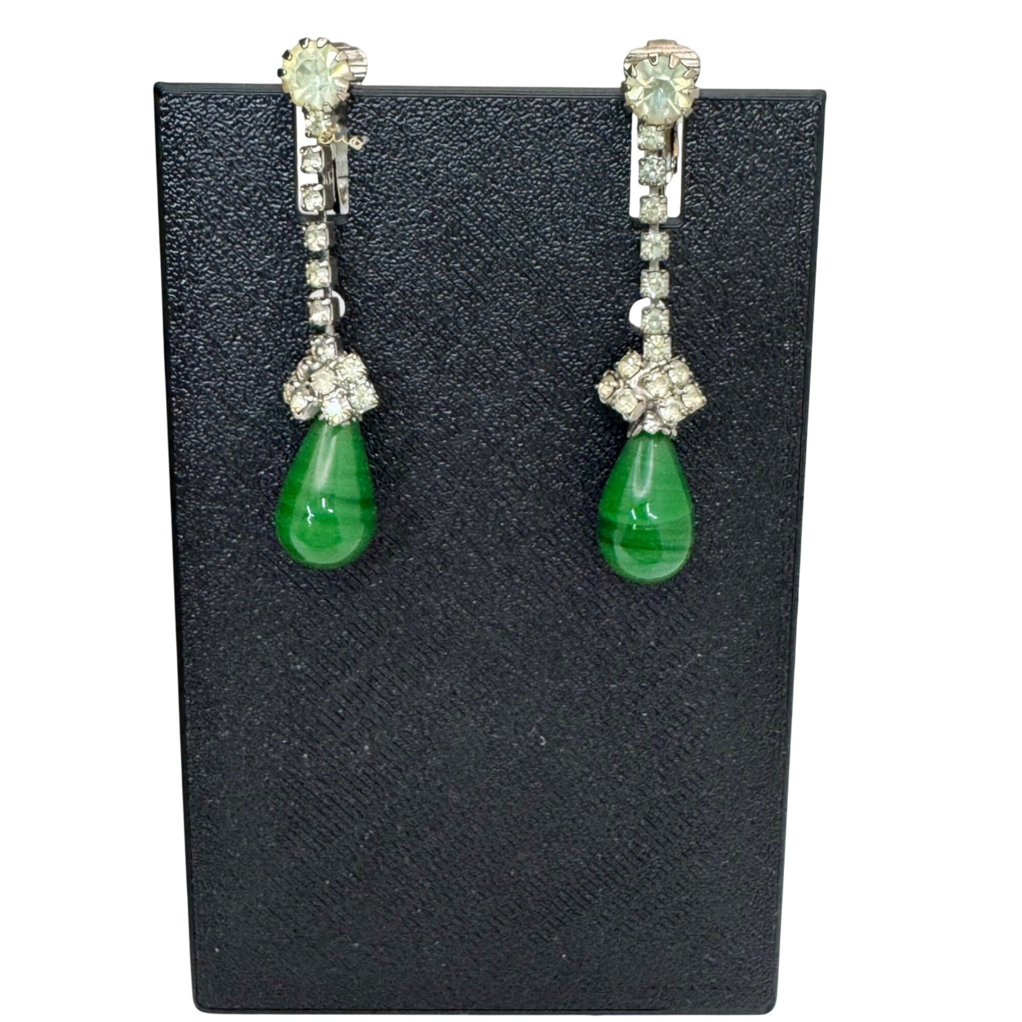 Vintage Signed Kramer Green Faux Jade Teardrop Necklace Earrings Set Rhinestones