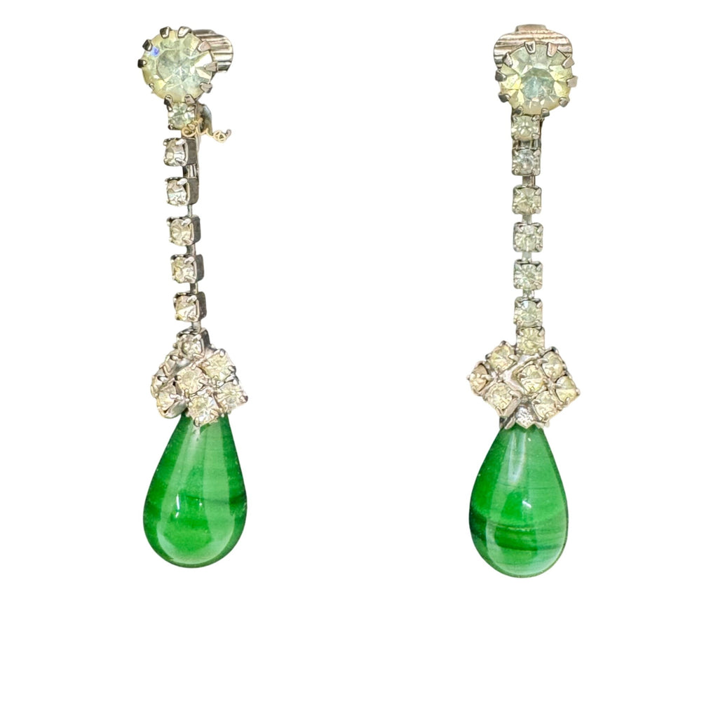 Vintage Signed Kramer Green Faux Jade Teardrop Necklace Earrings Set Rhinestones