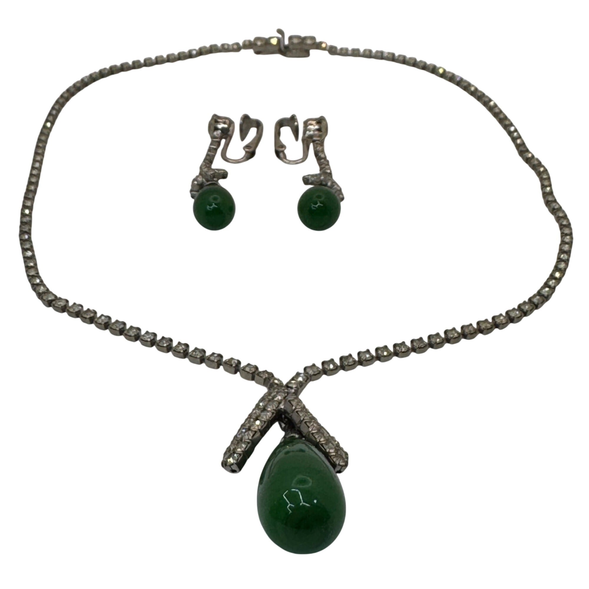 Vintage Signed Kramer Green Faux Jade Teardrop Necklace Earrings Set Rhinestones