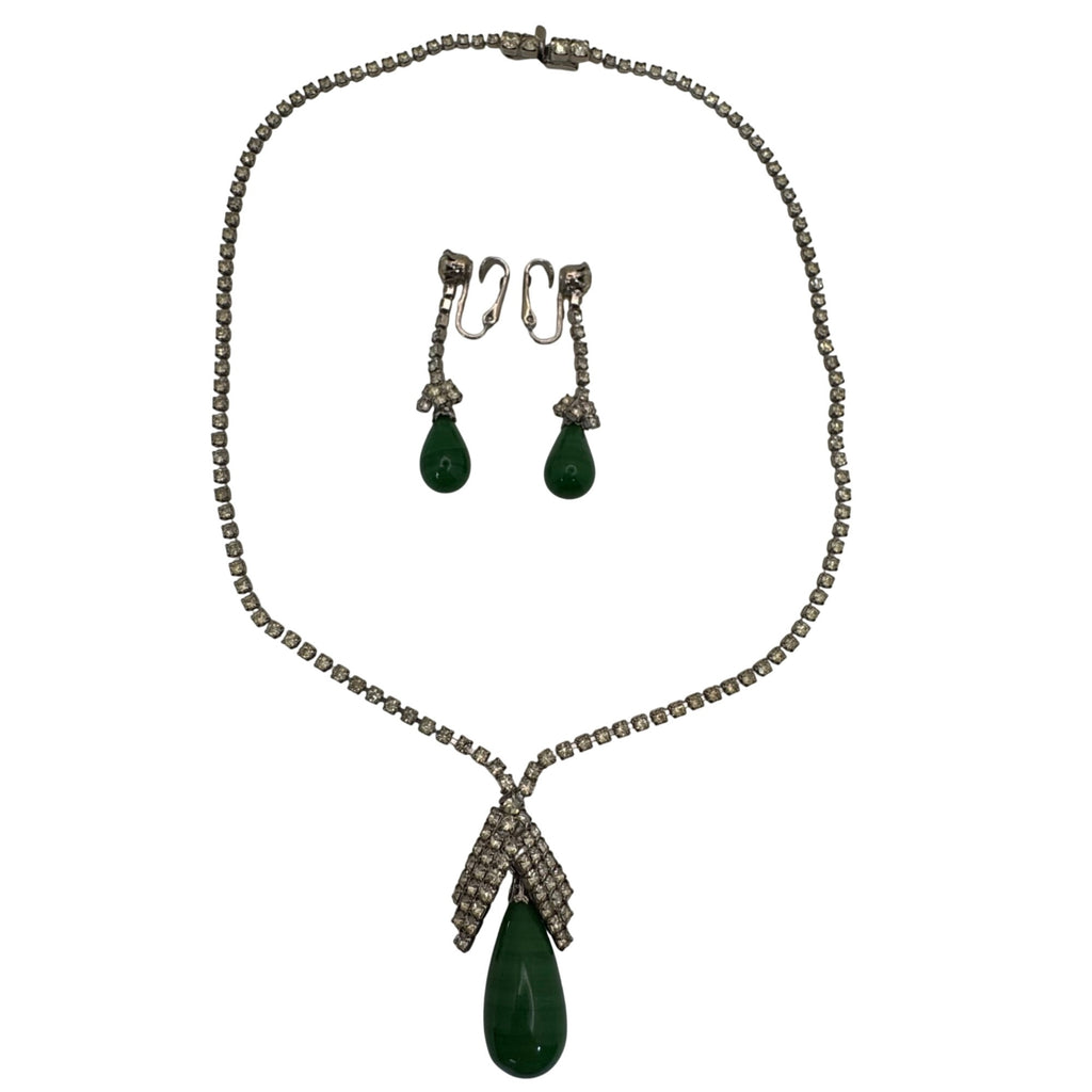 Vintage Signed Kramer Green Faux Jade Teardrop Necklace Earrings Set Rhinestones