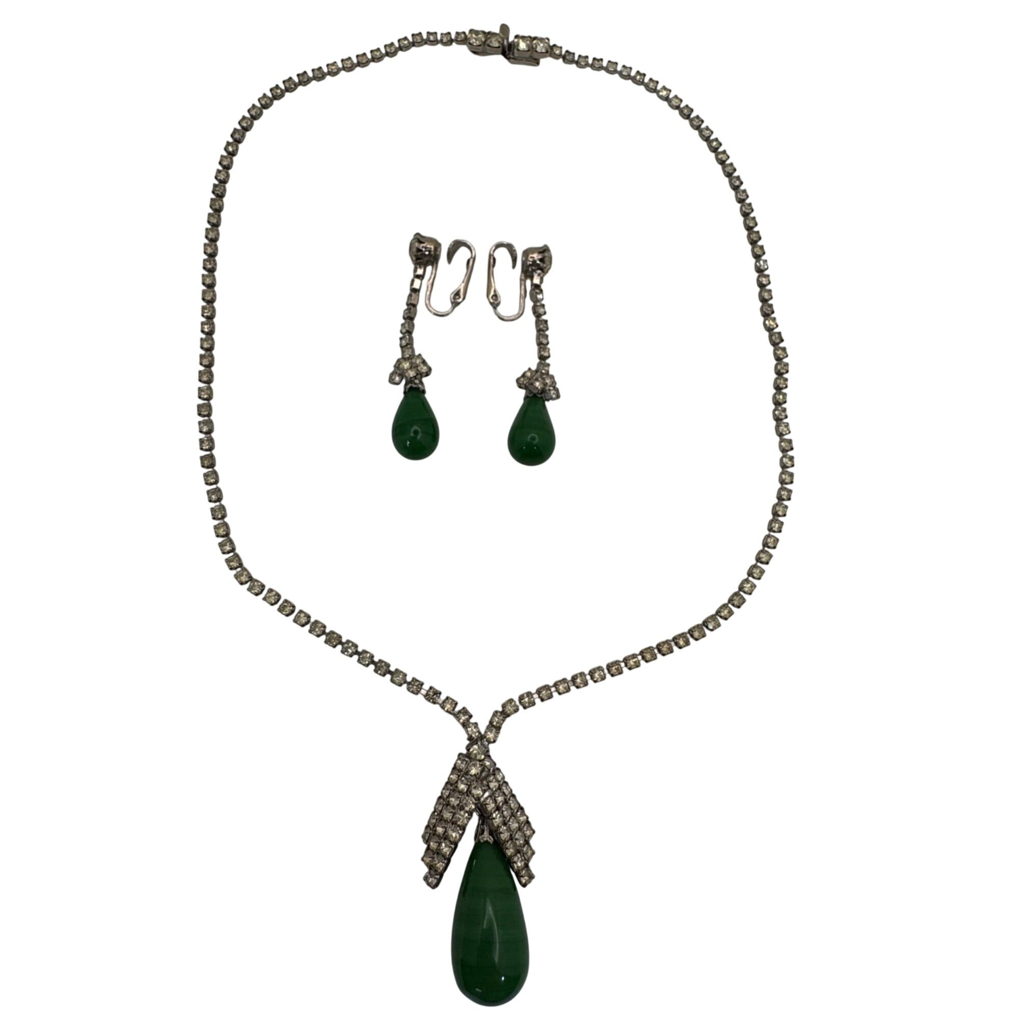 Vintage Signed Kramer Green Faux Jade Teardrop Necklace Earrings Set Rhinestones