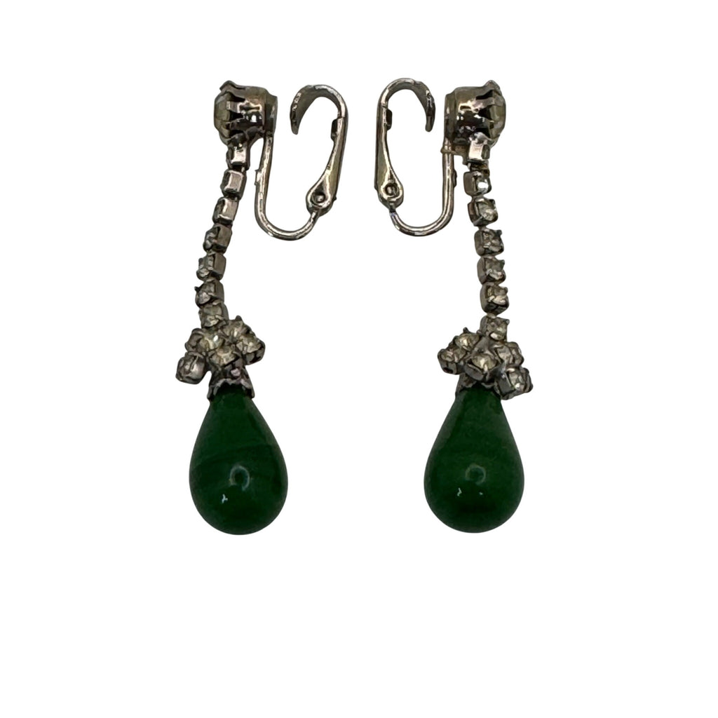Vintage Signed Kramer Green Faux Jade Teardrop Necklace Earrings Set Rhinestones
