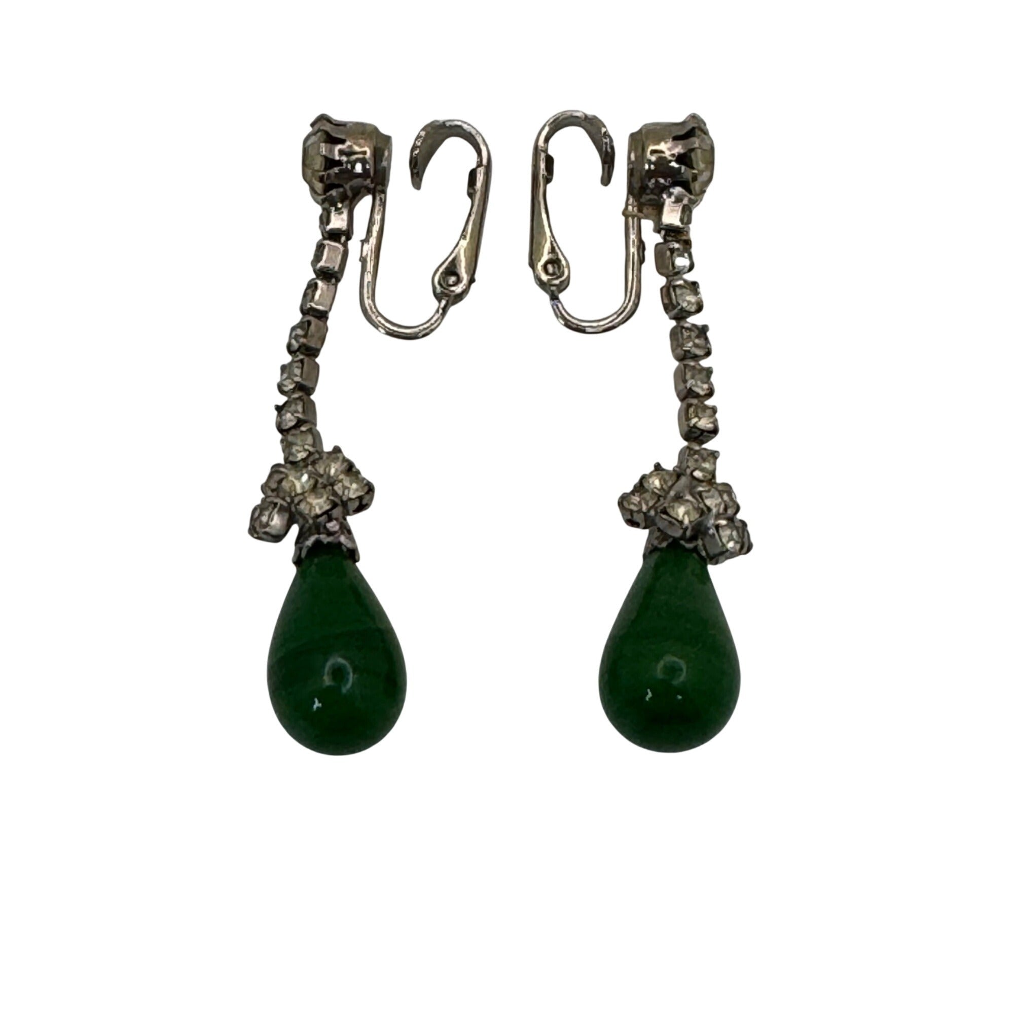 Vintage Signed Kramer Green Faux Jade Teardrop Necklace Earrings Set Rhinestones
