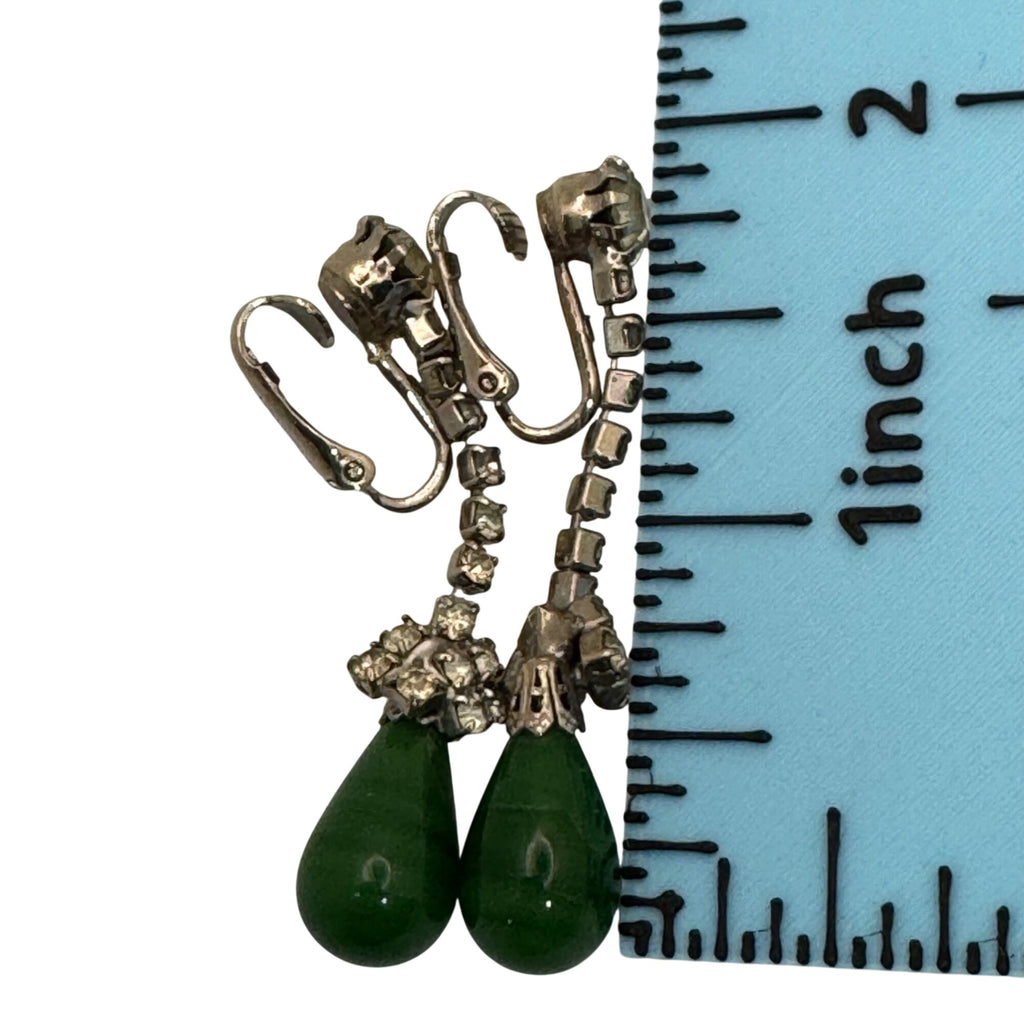 Vintage Signed Kramer Green Faux Jade Teardrop Necklace Earrings Set Rhinestones