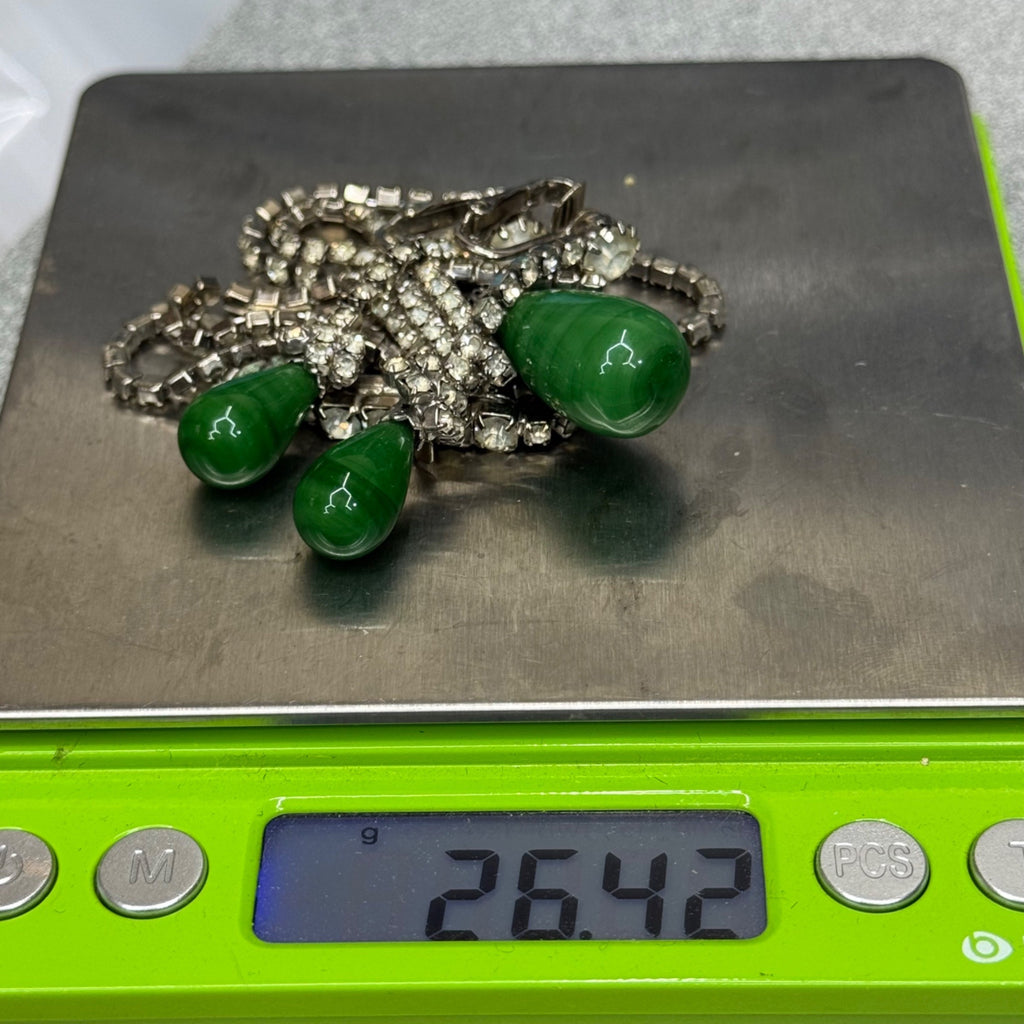 Vintage Signed Kramer Green Faux Jade Teardrop Necklace Earrings Set Rhinestones