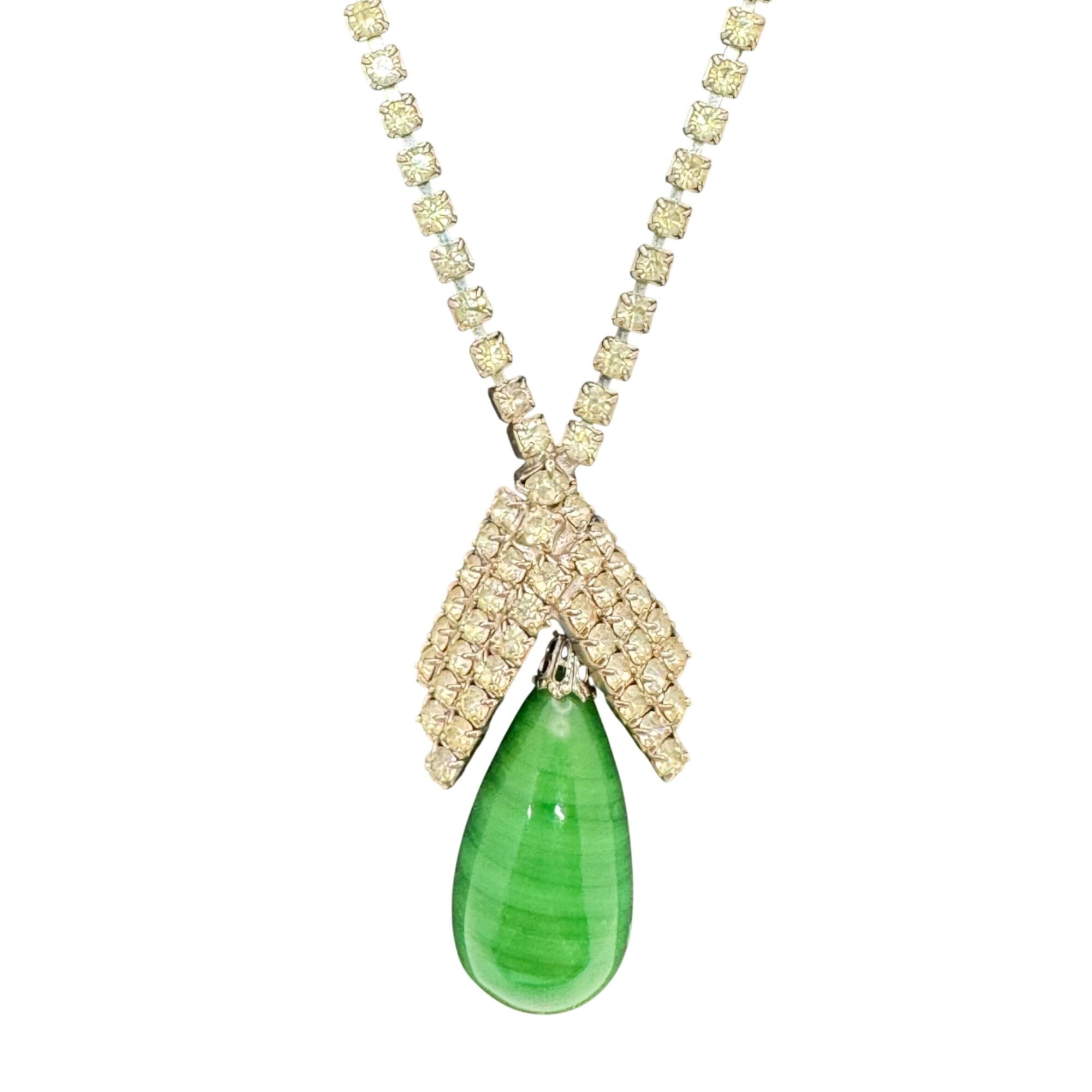 Vintage Signed Kramer Green Faux Jade Teardrop Necklace Earrings Set Rhinestones