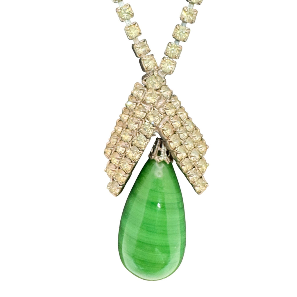 Vintage Signed Kramer Green Faux Jade Teardrop Necklace Earrings Set Rhinestones