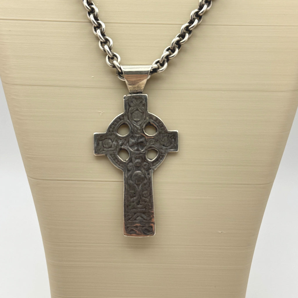 Celtic Cross Pendant Necklace Sterling Silver Engraved Signed Crucifix Chain 18"