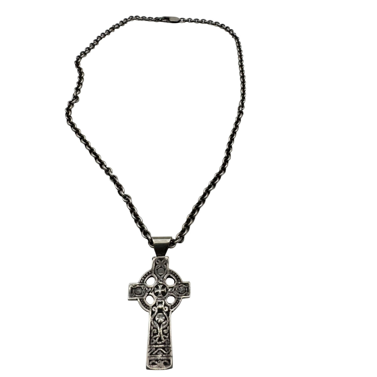 Celtic Cross Pendant Necklace Sterling Silver Engraved Signed Crucifix Chain 18"