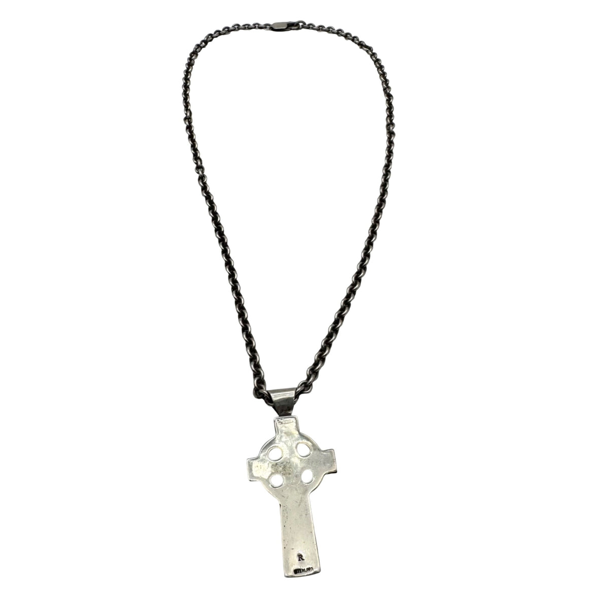 Celtic Cross Pendant Necklace Sterling Silver Engraved Signed Crucifix Chain 18"