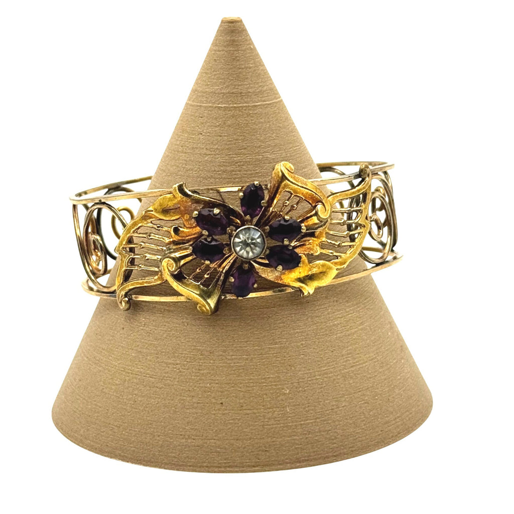 Amethyst Glass Statement Cuff Gold Filled Floral Bracelet Purple Filigree Vintage