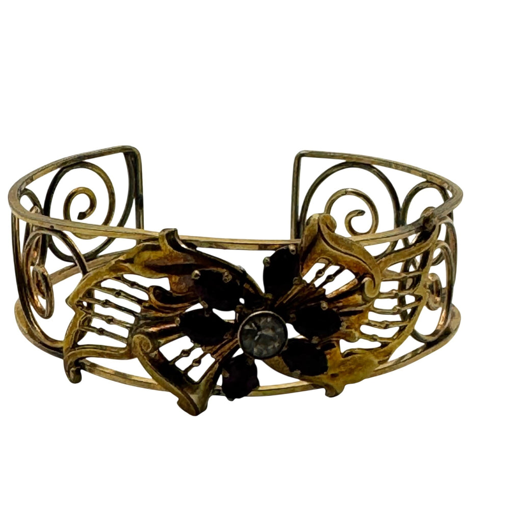 Amethyst Glass Statement Cuff Gold Filled Floral Bracelet Purple Filigree Vintage