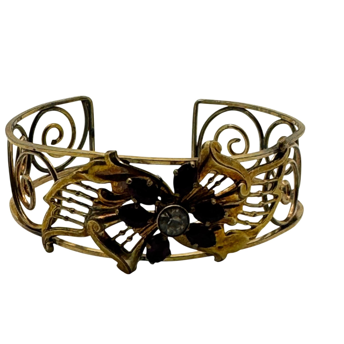 Amethyst Glass Statement Cuff Gold Filled Floral Bracelet Purple Filigree Vintage