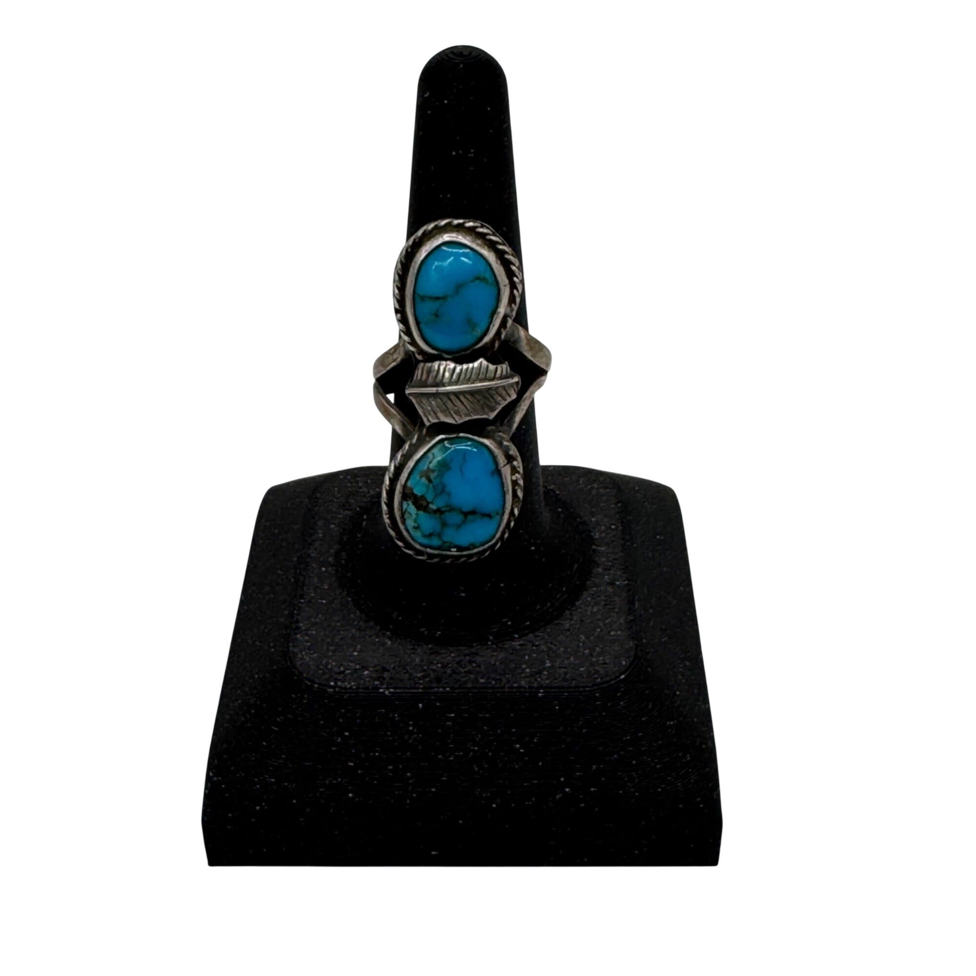 Vintage Navajo Sterling Silver Turquoise Double Stone Ring Old Pawn Feather Sz 8