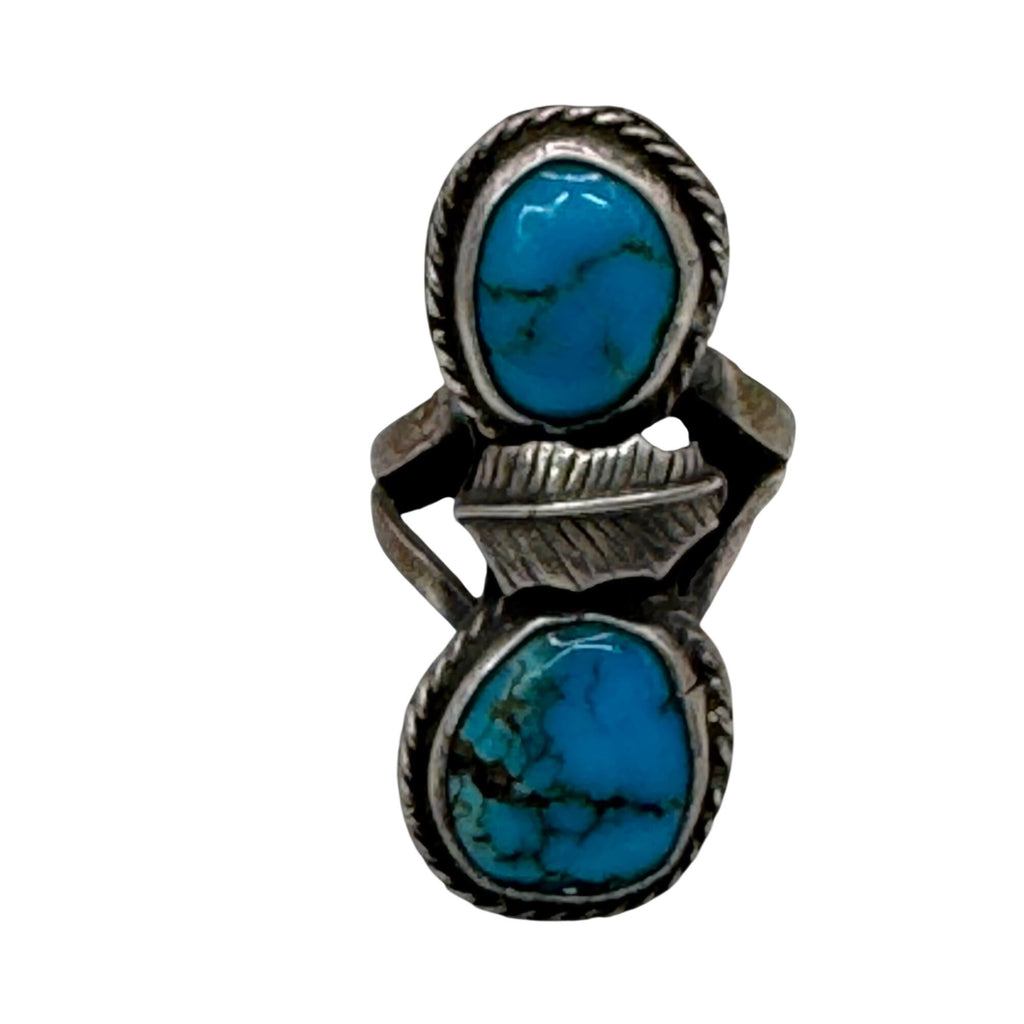 Vintage Navajo Sterling Silver Turquoise Double Stone Ring Old Pawn Feather Sz 8