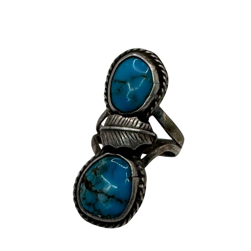 Vintage Navajo Sterling Silver Turquoise Double Stone Ring Old Pawn Feather Sz 8