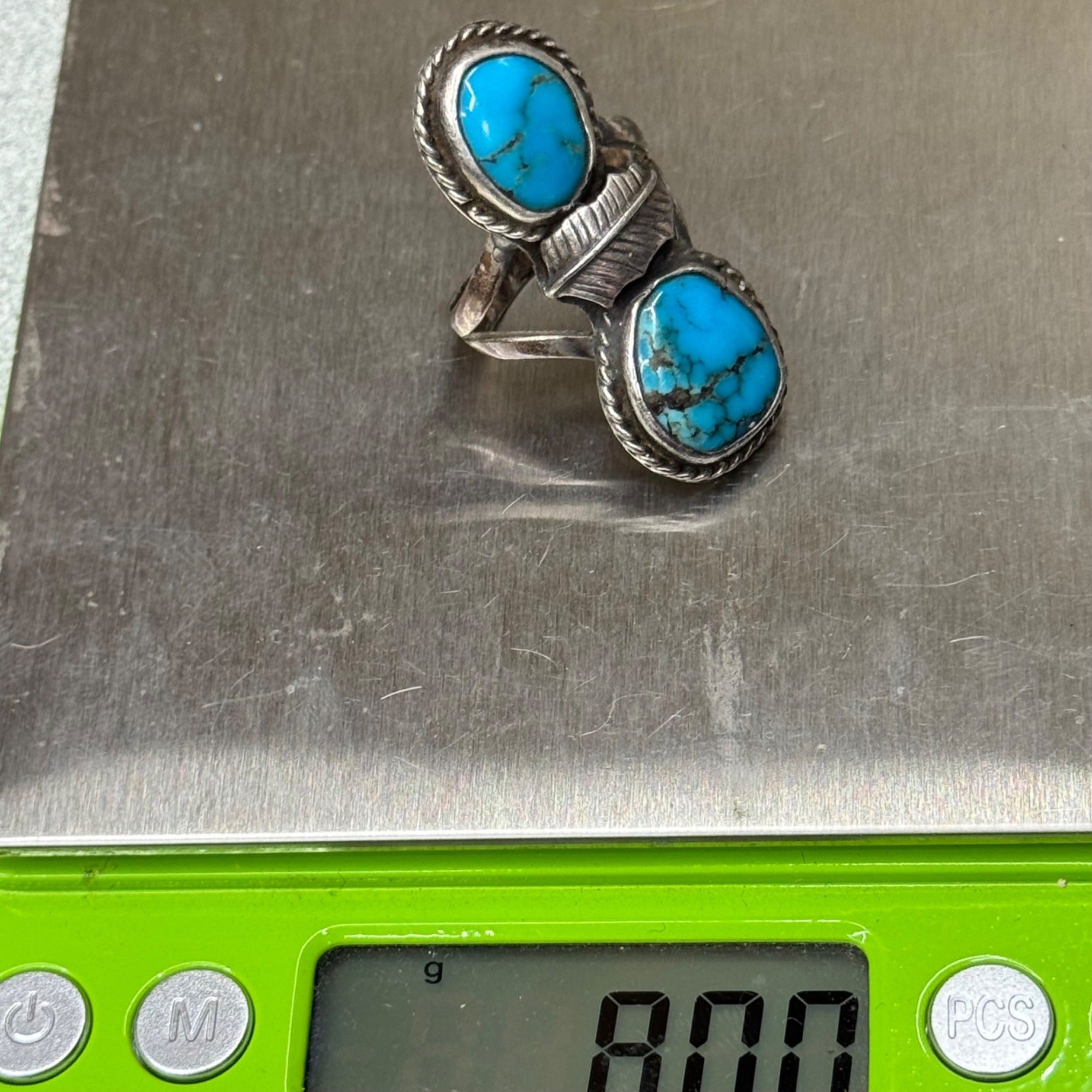 Vintage Navajo Sterling Silver Turquoise Double Stone Ring Old Pawn Feather Sz 8