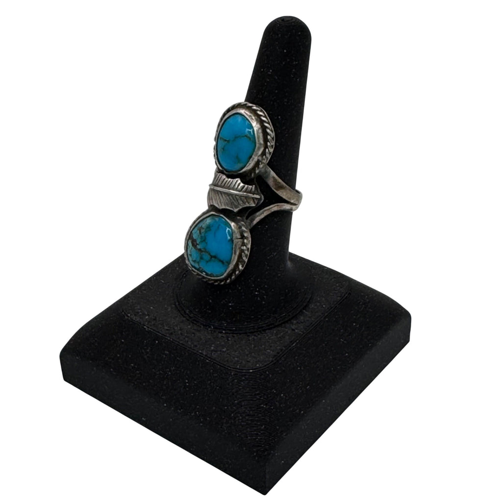 Vintage Navajo Sterling Silver Turquoise Double Stone Ring Old Pawn Feather Sz 8