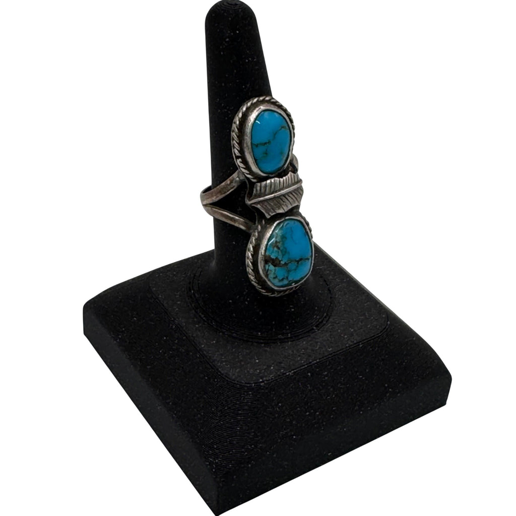 Vintage Navajo Sterling Silver Turquoise Double Stone Ring Old Pawn Feather Sz 8