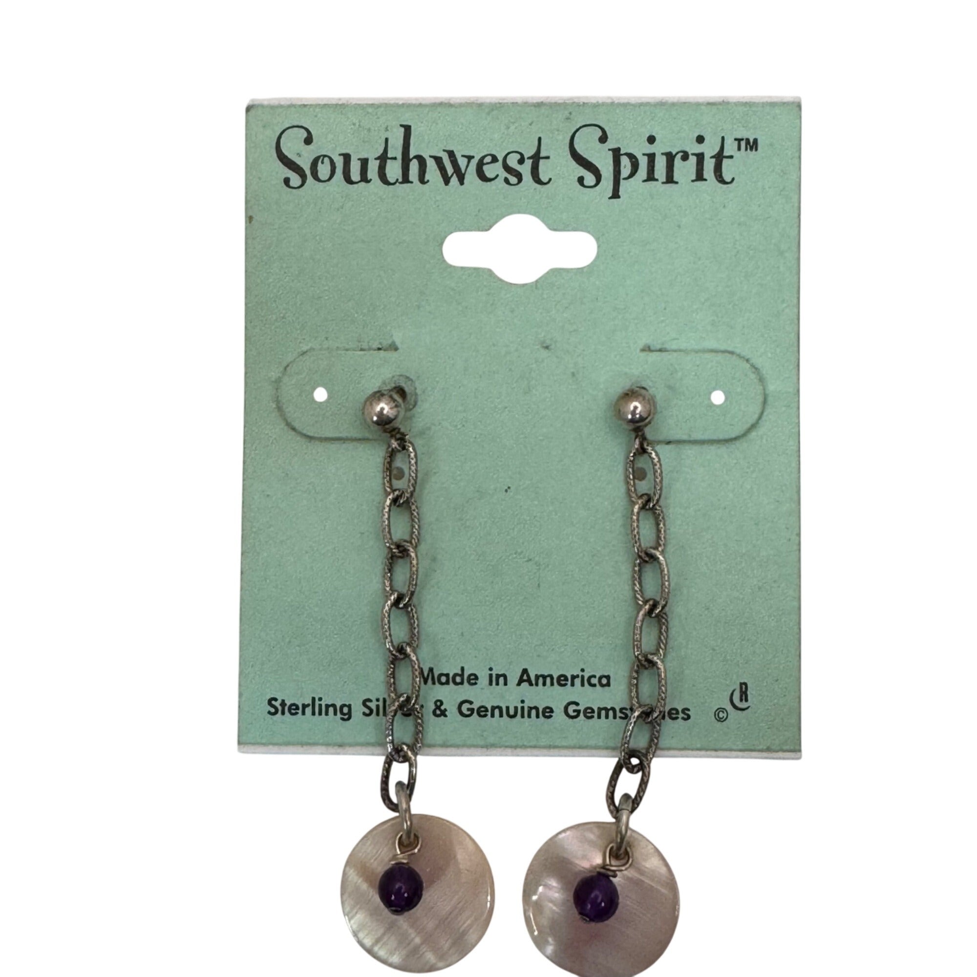 Southwest Spirit Sterling Silver Chain Drop Earrings Amethyst Beads MOP Discs