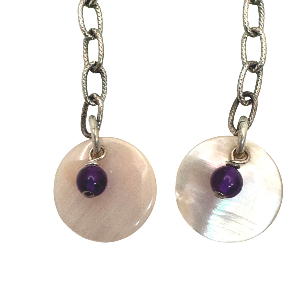 Southwest Spirit Sterling Silver Chain Drop Earrings Amethyst Beads MOP Discs