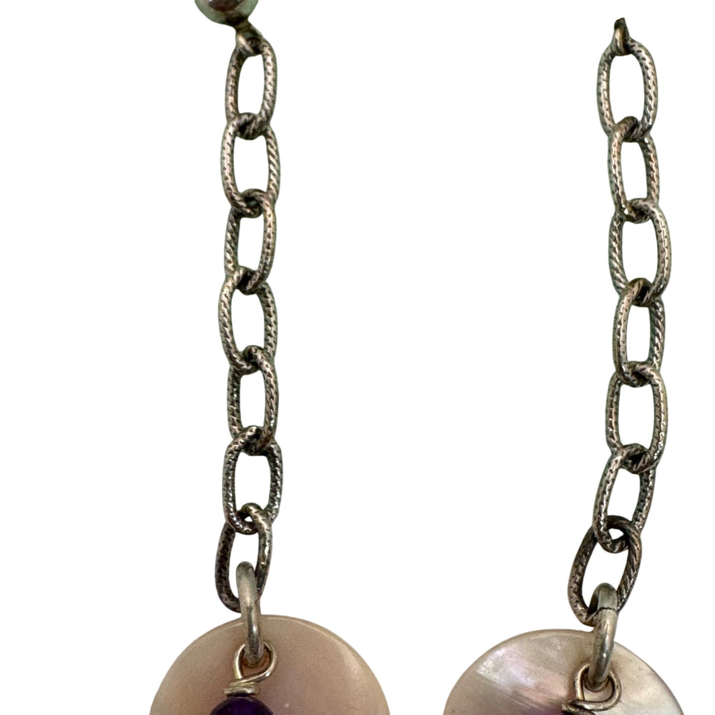 Southwest Spirit Sterling Silver Chain Drop Earrings Amethyst Beads MOP Discs