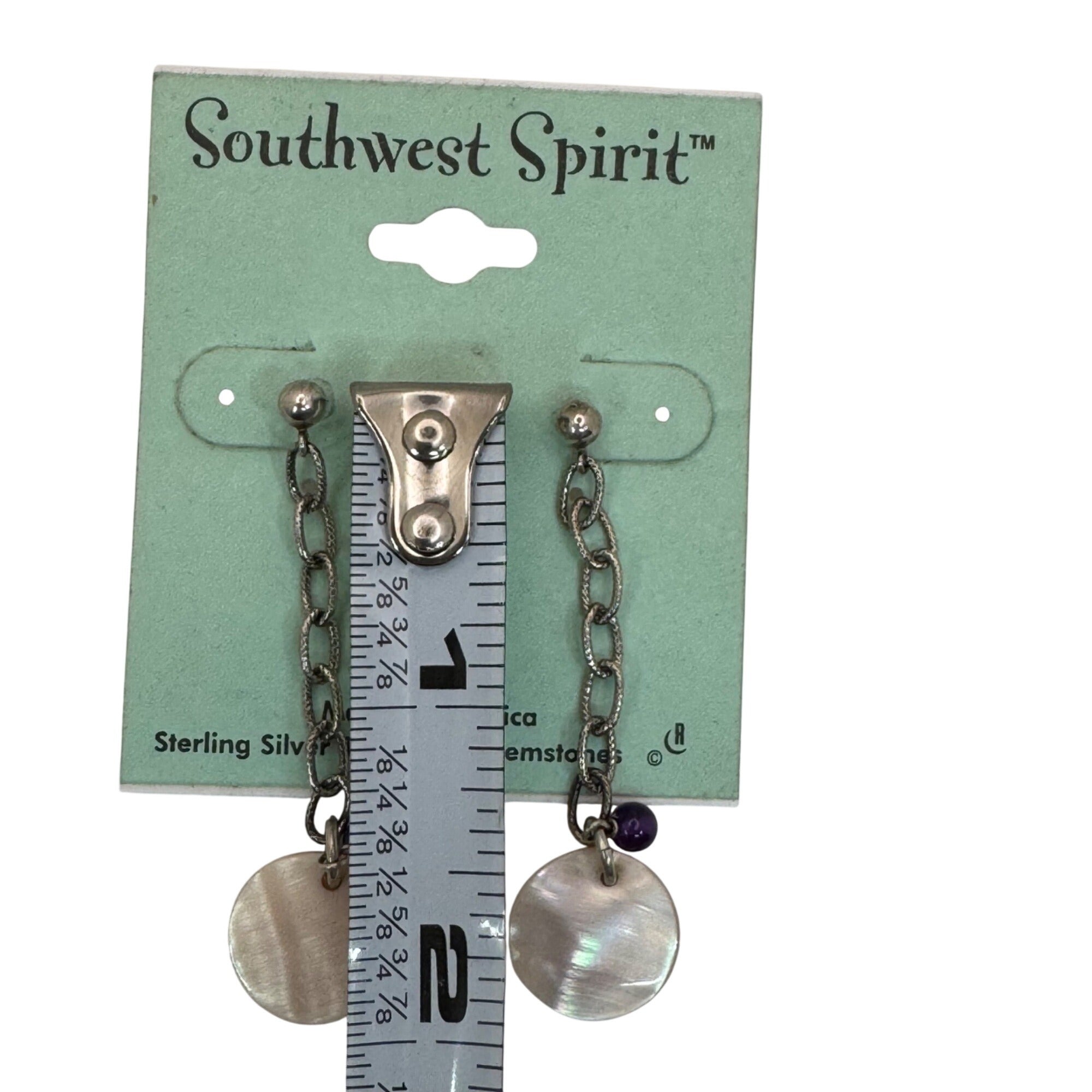 Southwest Spirit Sterling Silver Chain Drop Earrings Amethyst Beads MOP Discs
