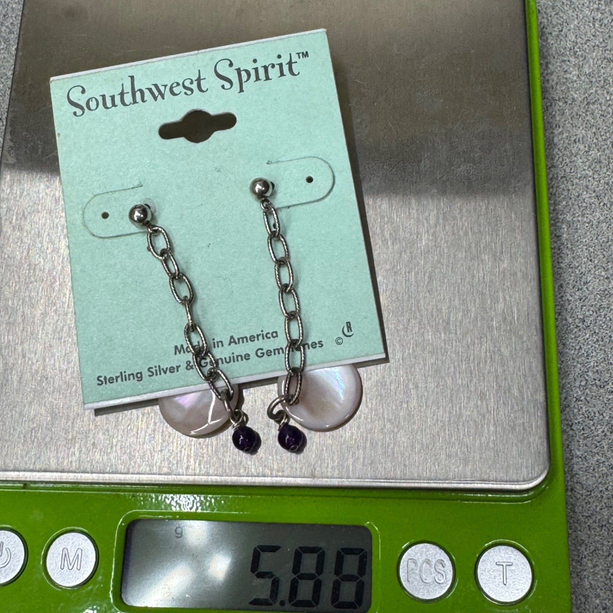 Southwest Spirit Sterling Silver Chain Drop Earrings Amethyst Beads MOP Discs