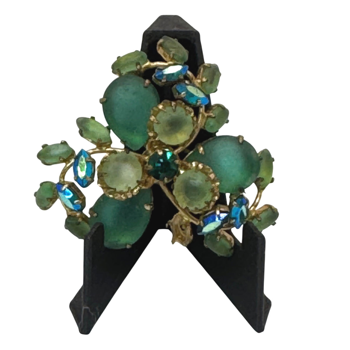 West Germany Frosted Glass Brooch Green Blue AB Rhinestone Floral Brooch 2.5" Vtg